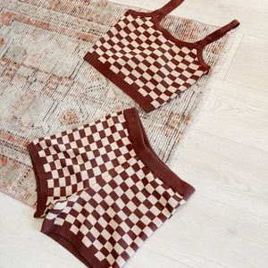 Checkered Cocoa Brown Knit Sweater Biker Shorts